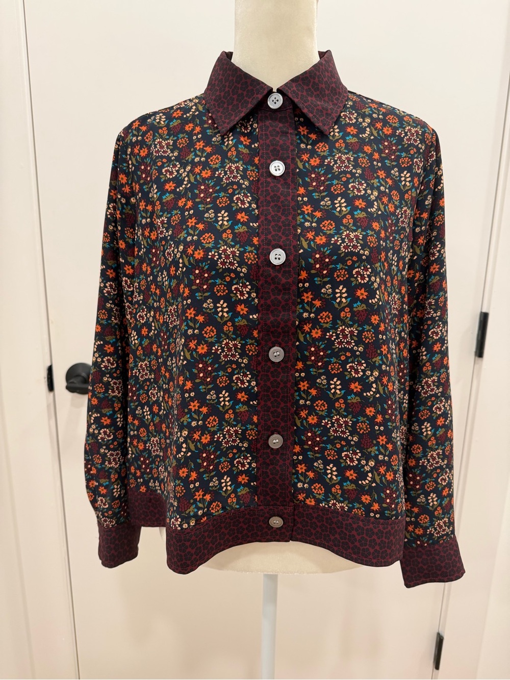LOFT Outlet Multicolor Floral Blouse with Burgundy Accents